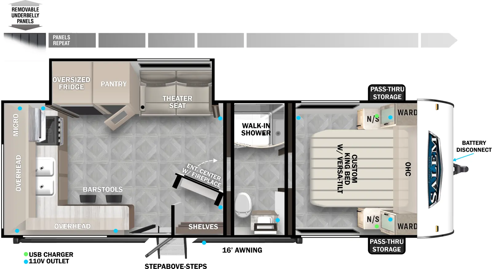 The 22ERAS has one slideout and one entry. Exterior features StepAbove entry steps, 16 foot awning, battery disconnect, front pass-thru storage, and removeable underbelly panels. Interior layout front to back: foot facing custom king bed with versa-tilt, overhead cabinet and wardrobes with night stands on each side; pass through split full bathroom with walk-in shower; off-door side slideout with theater seat, pantry, and oversized refrigerator; door side entertainment center with fireplace, and shelves behind; entry door; kitchen counter with barstools on door side wrap to rear wall with overhead cabinets, sink, microwave, and cooktop.